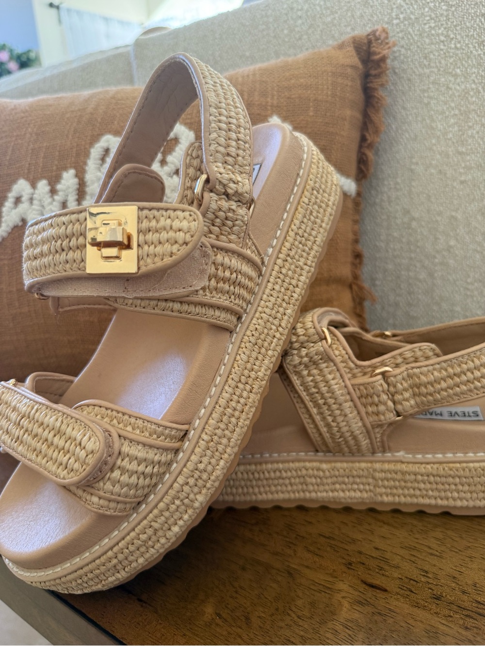 Steve Madden Big Mona Raffia Platform Sandals Natural Gold Size 10